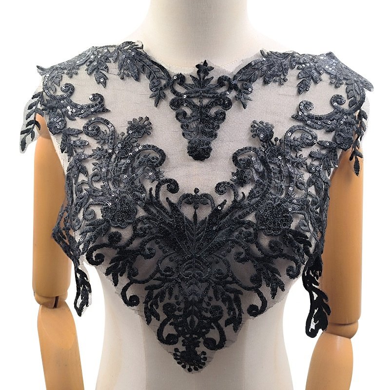 Wedding dress bodice embroidery bridal collar mesh lace applique with sequins LT2742A