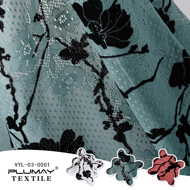 lace fabric with 92%Nylon 8%Spandex 4 way stretch white flocking fabric for garment dress