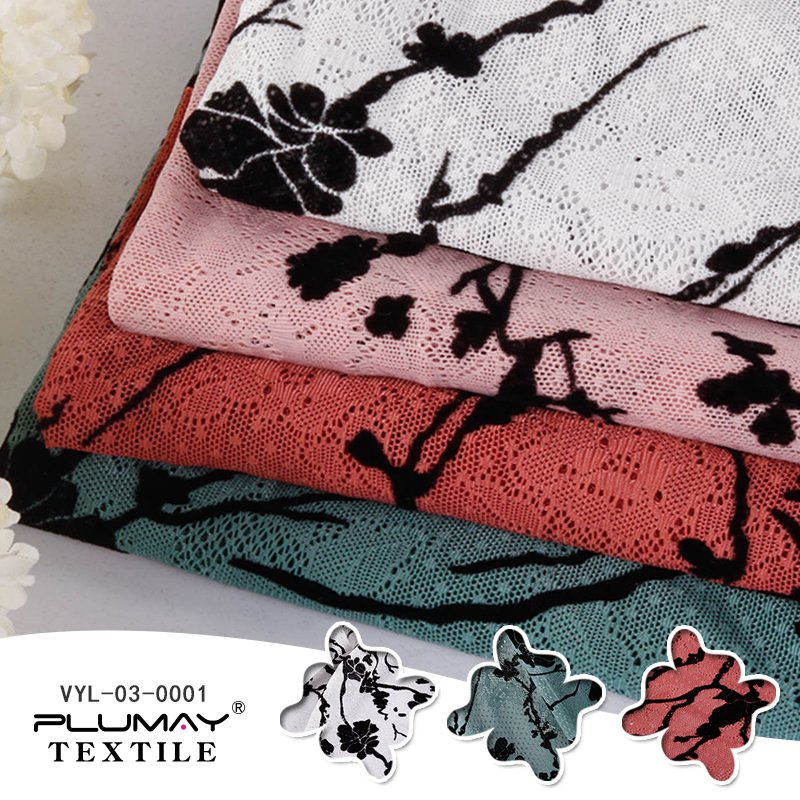 lace fabric with 92%Nylon 8%Spandex 4 way stretch white flocking fabric for garment dress