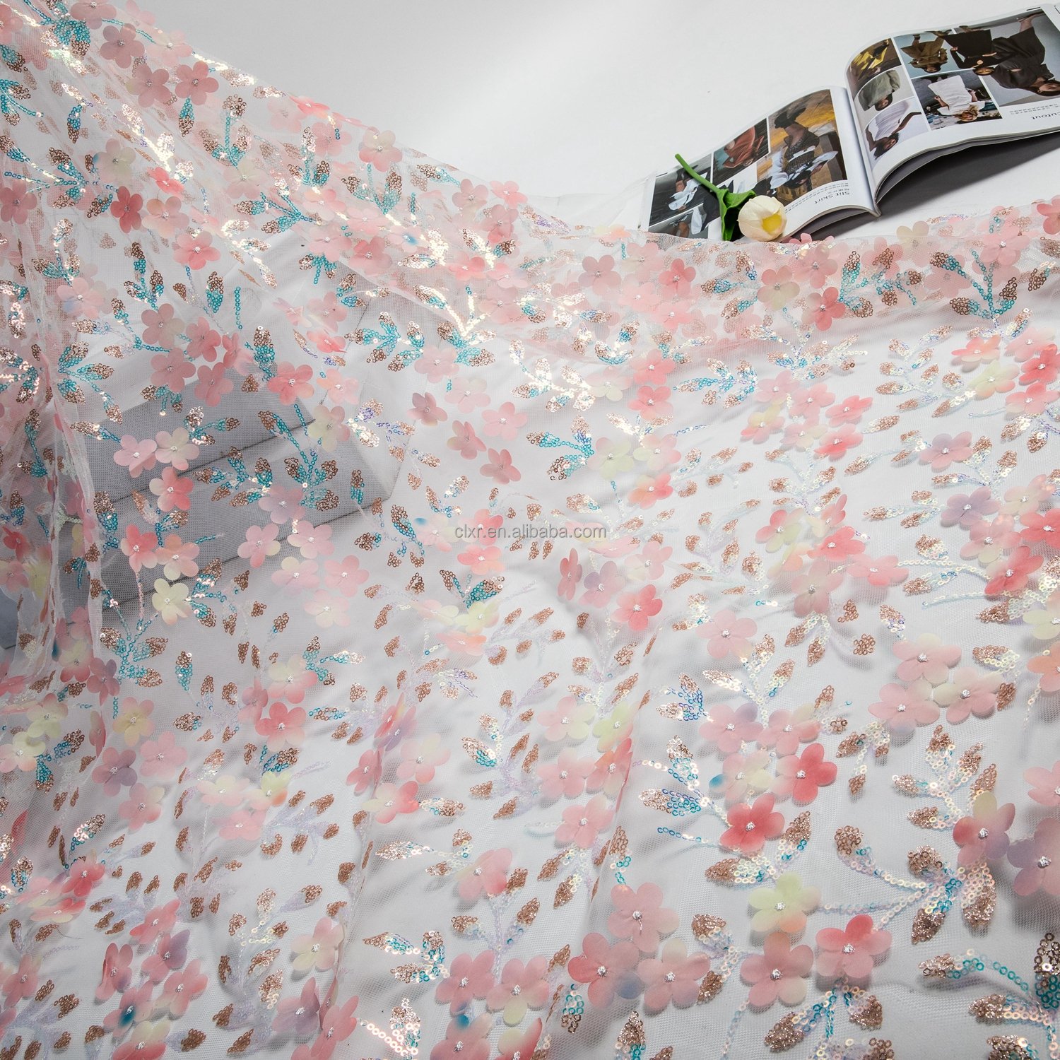High Quality 100% Polyester Floral Embroidered Mesh For Wedding Dress Flower Embroidery Fabric