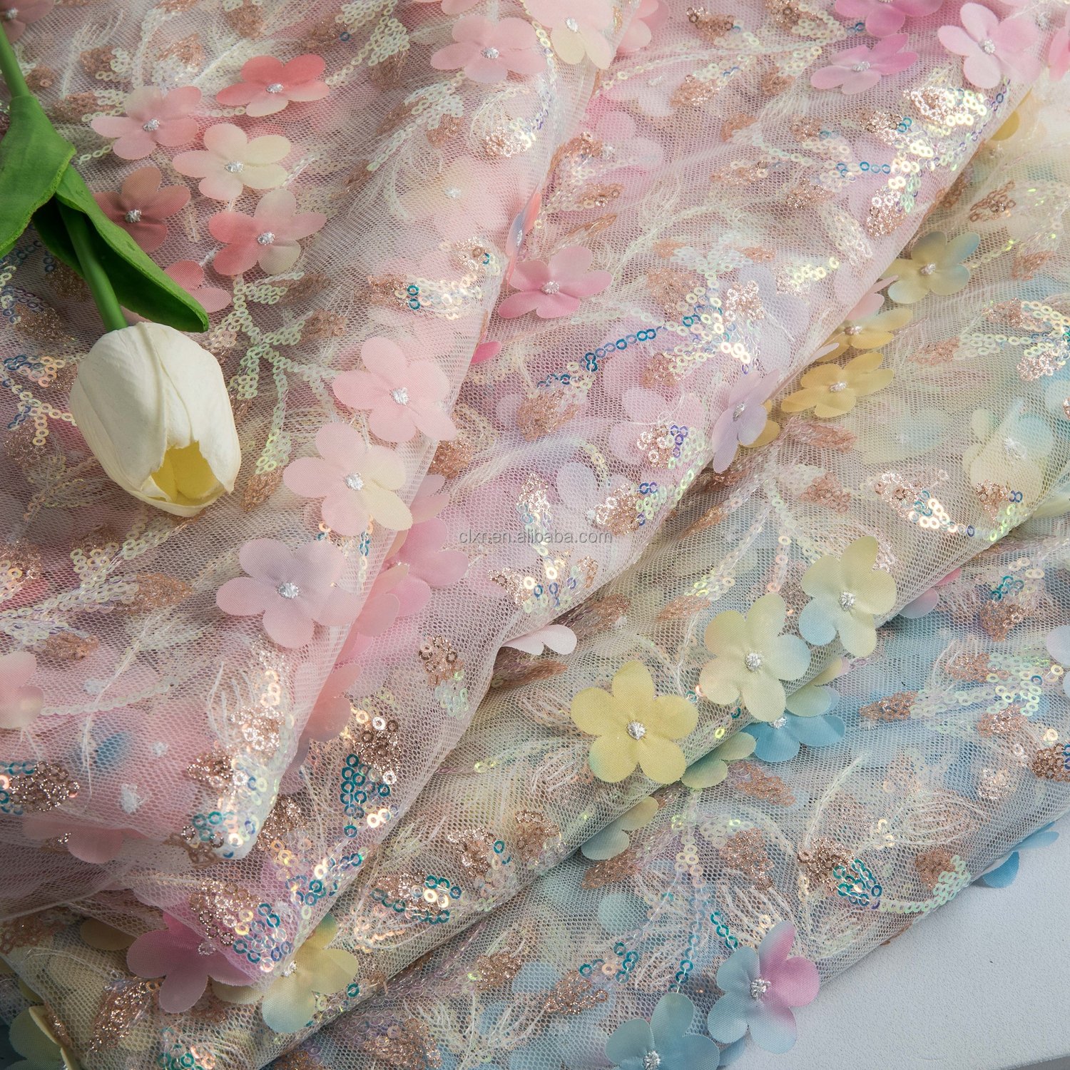 High Quality 100% Polyester Floral Embroidered Mesh For Wedding Dress Flower Embroidery Fabric