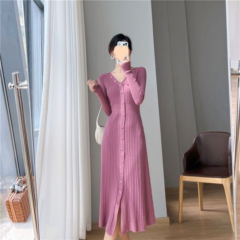 2025 Autumn Elegant Pure Color Long Sleeve V Neck Button Down A Line Slim Fitting Ribbed Knit Maxi Dress Women