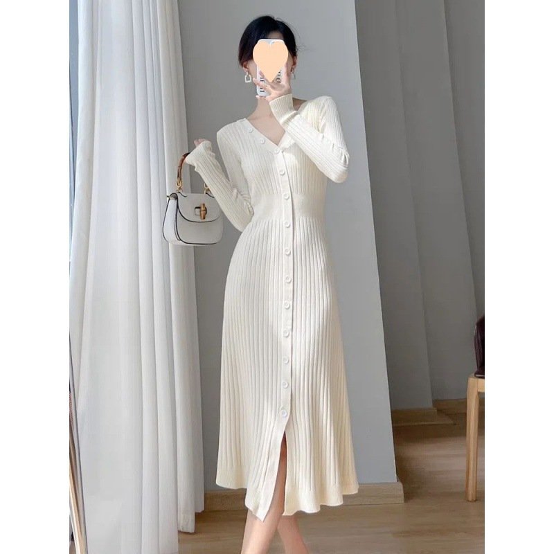 2025 Autumn Elegant Pure Color Long Sleeve V Neck Button Down A Line Slim Fitting Ribbed Knit Maxi Dress Women