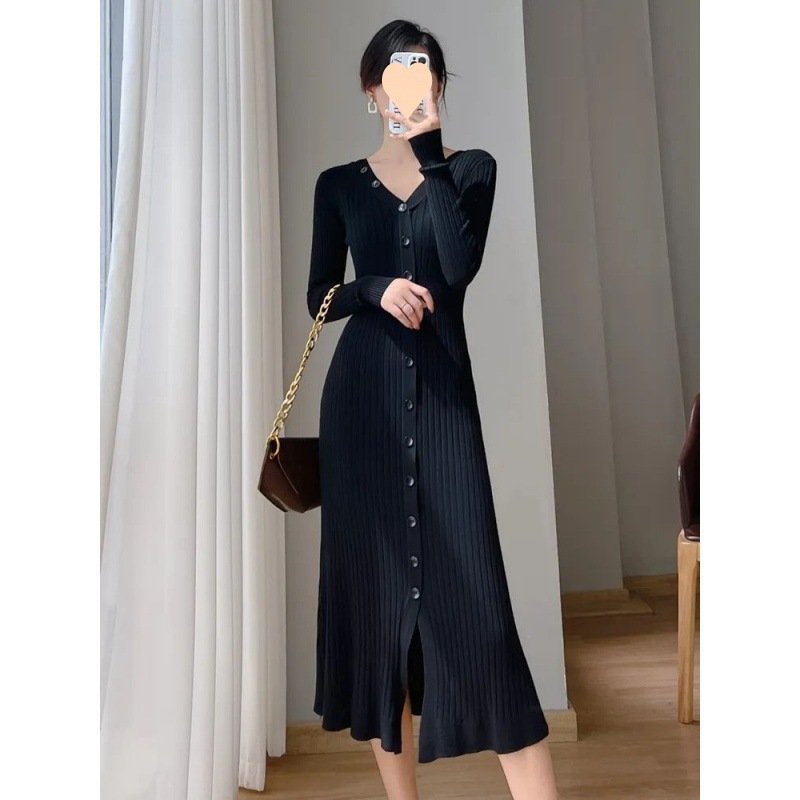 2025 Autumn Elegant Pure Color Long Sleeve V Neck Button Down A Line Slim Fitting Ribbed Knit Maxi Dress Women