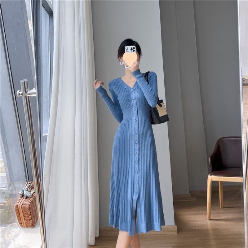 2025 Autumn Elegant Pure Color Long Sleeve V Neck Button Down A Line Slim Fitting Ribbed Knit Maxi Dress Women