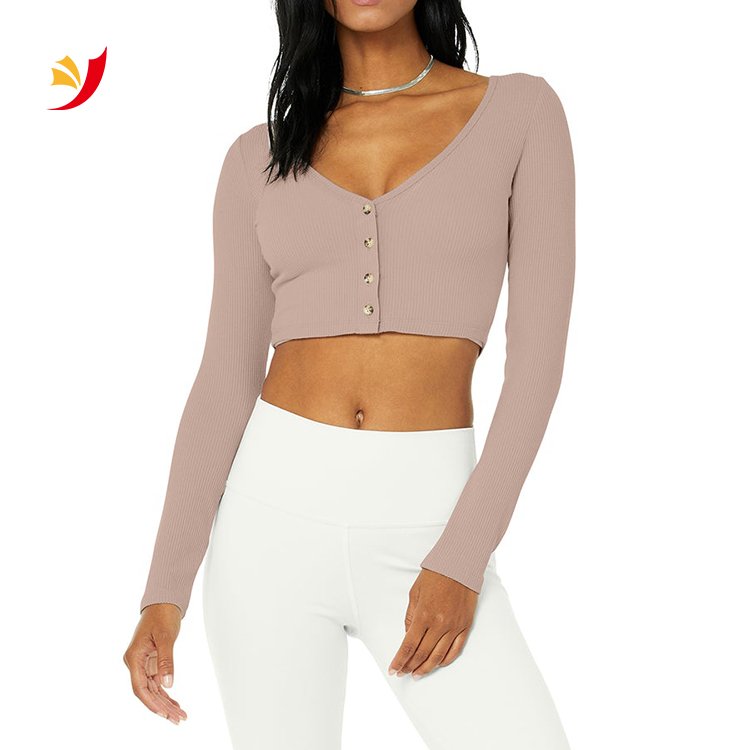 2022 Wholesale Deep V-neck Cropped Fit Button Front Ribbed Long Sleeves Women Cotton Crop Top Tshirt Sweatsuit