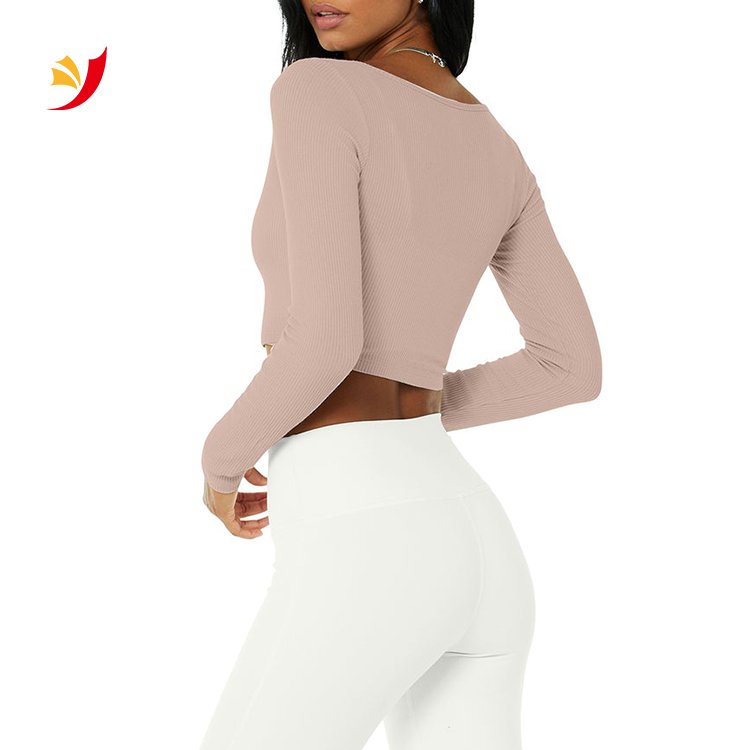 2022 Wholesale Deep V-neck Cropped Fit Button Front Ribbed Long Sleeves Women Cotton Crop Top Tshirt Sweatsuit