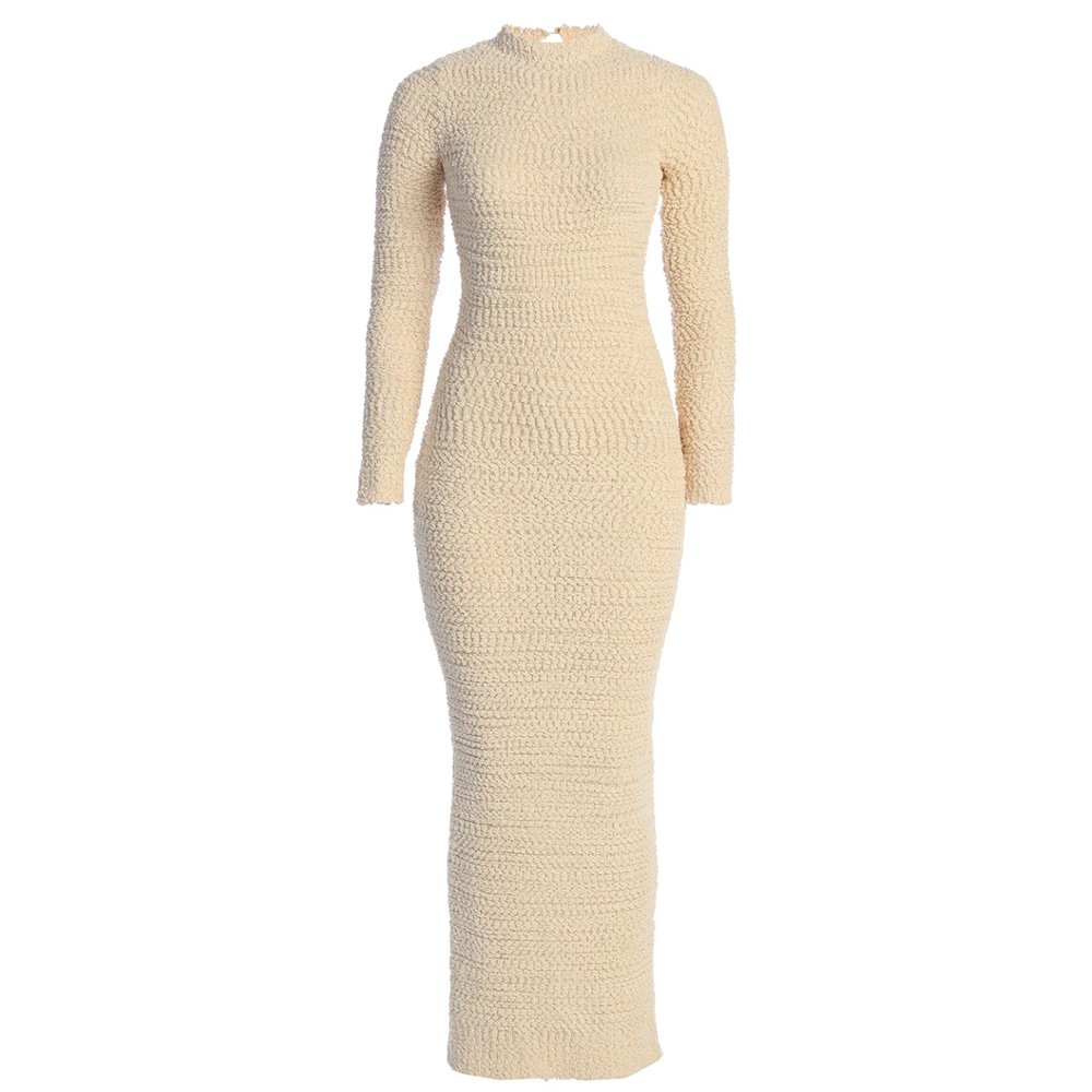 Knitwear Manufacturer Custom Autumn Winter long sleeve bold open back cut adjustable back strap Beige Knit Maxi Dress