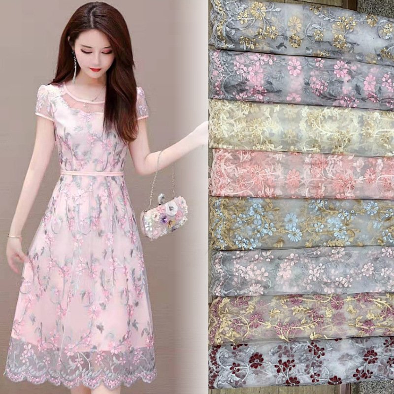 Two-Color Horn Flower Embroidered Breathable Knitted Mesh Lace Fabric for Girls' DIY Dresses Wholesale Stock Embroidery Fabric