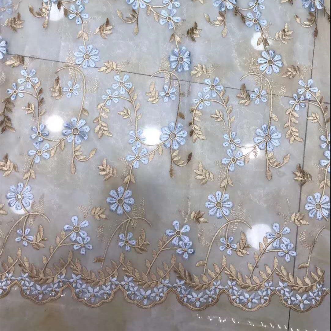 Two-Color Horn Flower Embroidered Breathable Knitted Mesh Lace Fabric for Girls' DIY Dresses Wholesale Stock Embroidery Fabric