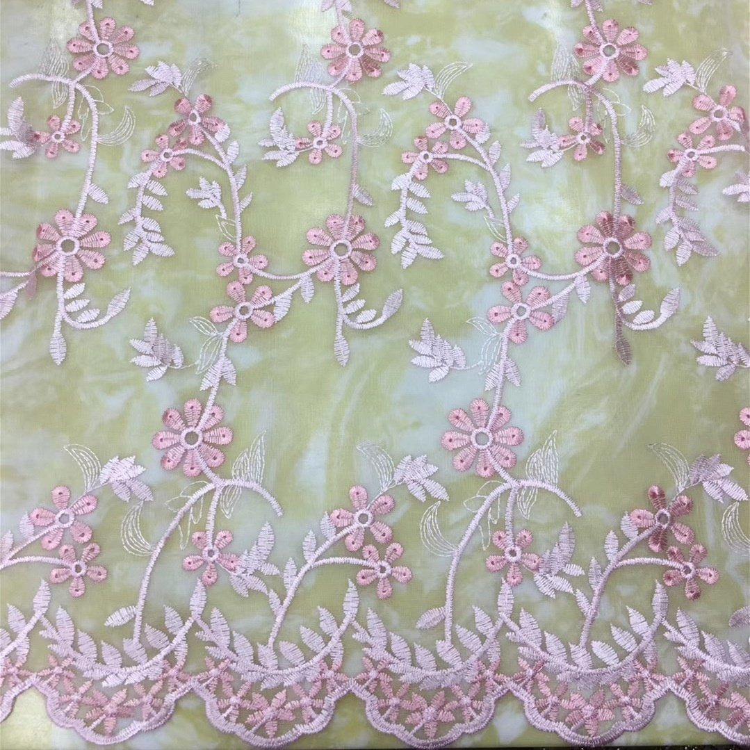 Two-Color Horn Flower Embroidered Breathable Knitted Mesh Lace Fabric for Girls' DIY Dresses Wholesale Stock Embroidery Fabric