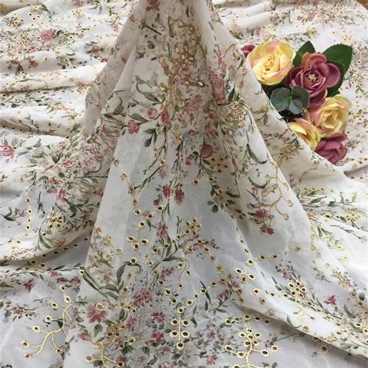 Drapery 2024 embroidered somali bridal chiffon 100% polyester floral embroidery sheer tulle bridal chiffon dress fabric