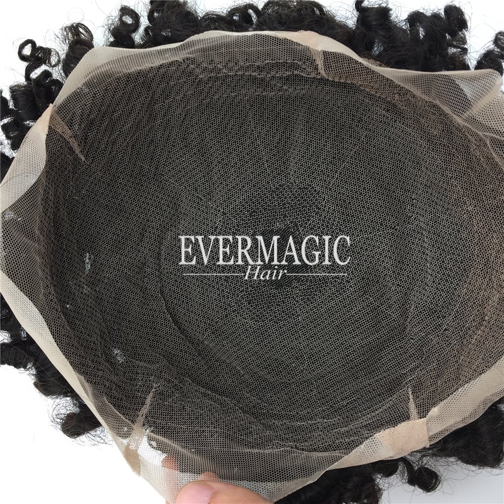 Evermagic 1B color 12mm curly bleached knots natural hair line full lace hair toupee hair prosthesis for man