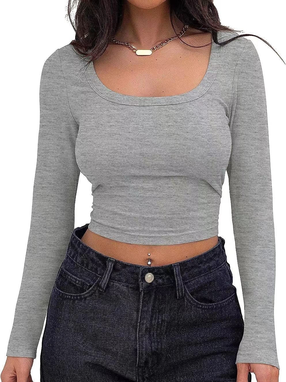 Hot Selling Custom Embroidery Long Sleeve Ribbed Crop Top for Women New Style O-Neck Oyster Chiffon Terry Fabric for Summer
