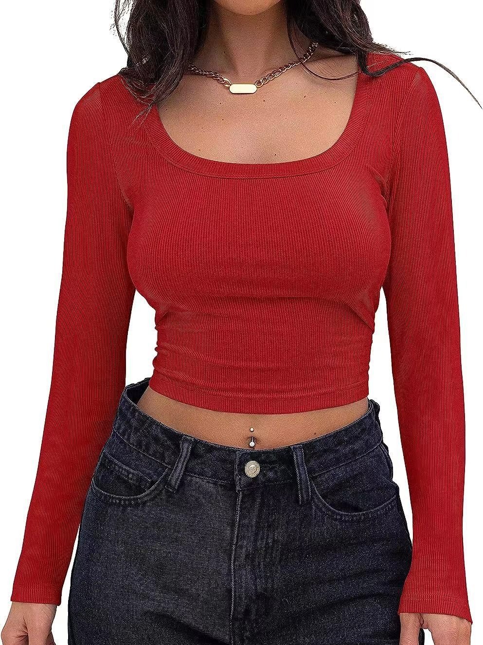 Hot Selling Custom Embroidery Long Sleeve Ribbed Crop Top for Women New Style O-Neck Oyster Chiffon Terry Fabric for Summer