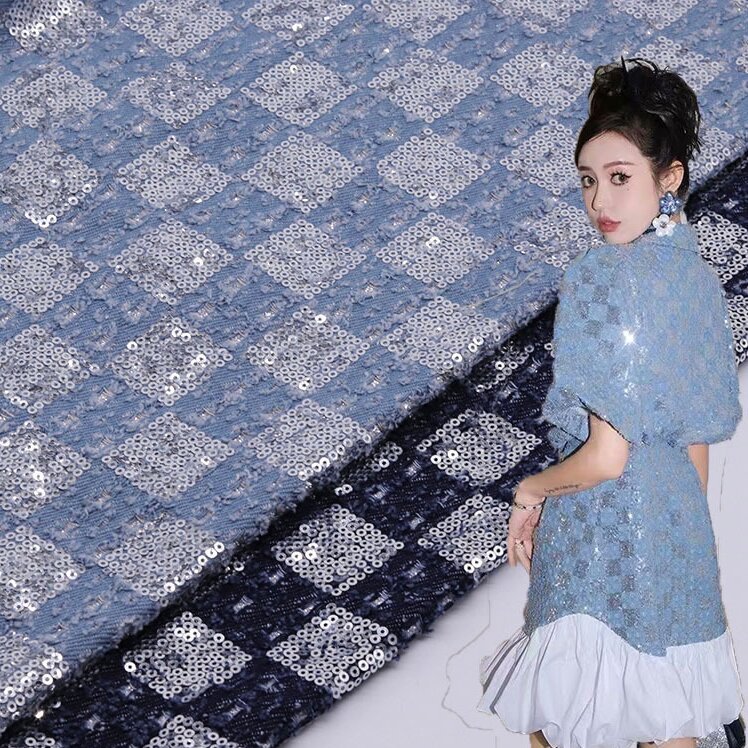 Wholesale 10*10 Chessboard Bead Embroidery Composite Denim Fabric Thick Elasticity for Garments