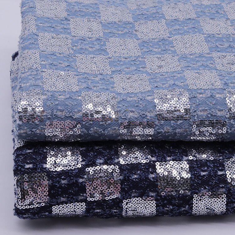 Wholesale 10*10 Chessboard Bead Embroidery Composite Denim Fabric Thick Elasticity for Garments