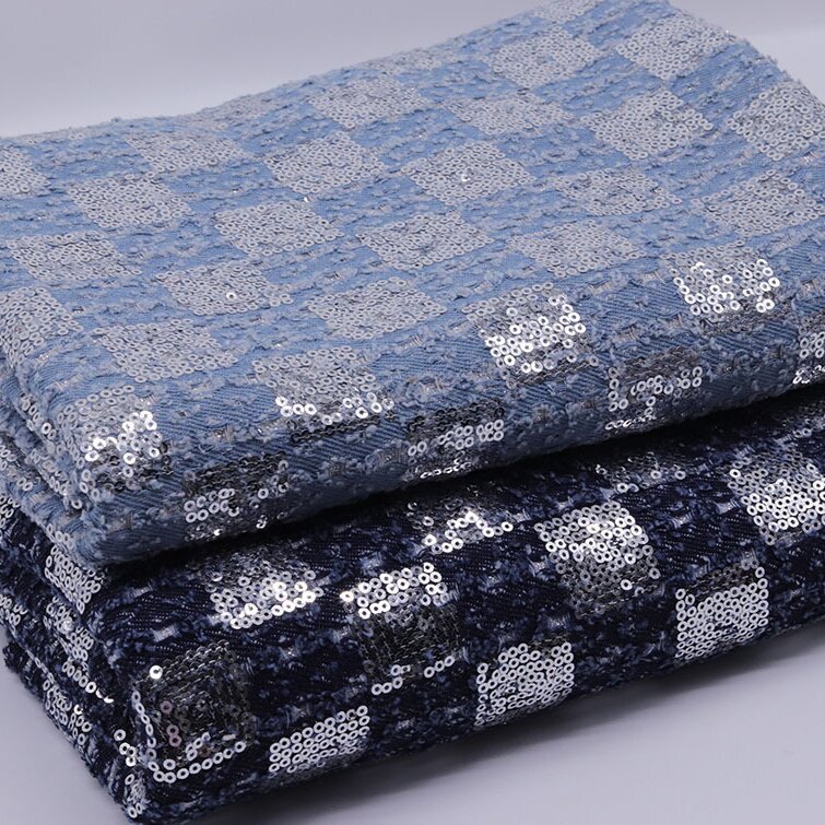 Wholesale 10*10 Chessboard Bead Embroidery Composite Denim Fabric Thick Elasticity for Garments