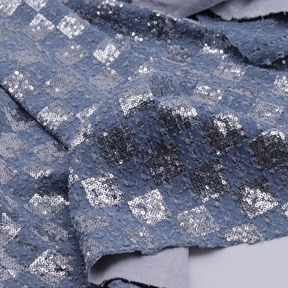Wholesale 10*10 Chessboard Bead Embroidery Composite Denim Fabric Thick Elasticity for Garments