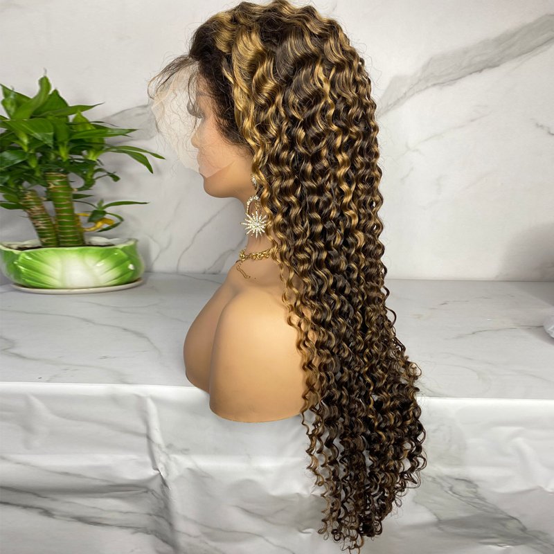 100% virgin brazilian 180% density wavy lace front human hair wig 4# 27# highlight deep wave transparent lace front wigs