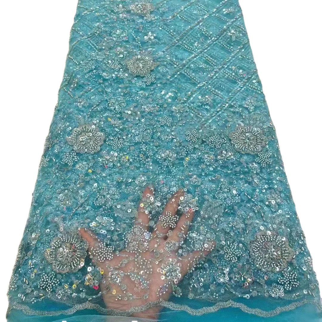 Wholesale quality diamond pattern black lace fabric French beaded fabric dresses for wholesale