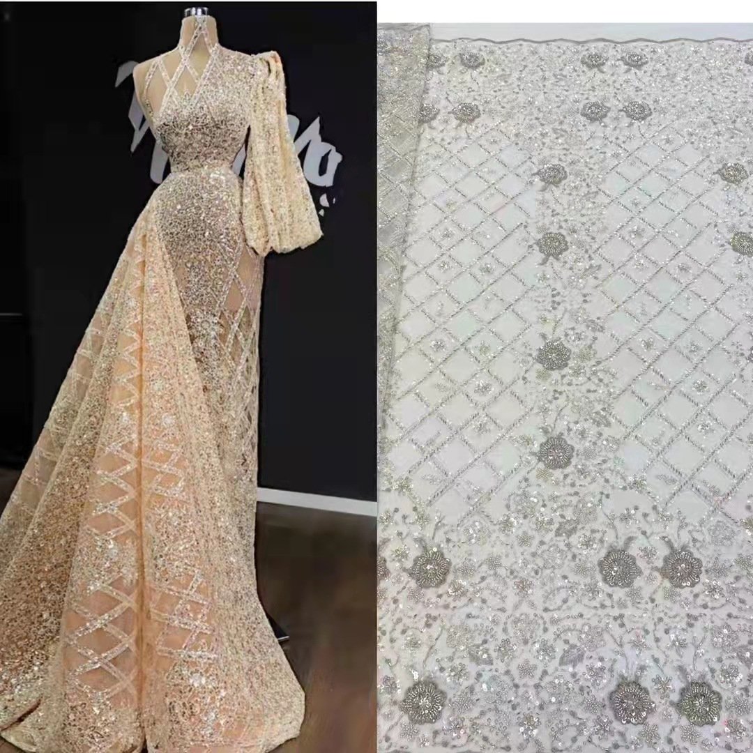 Wholesale quality diamond pattern black lace fabric French beaded fabric dresses for wholesale