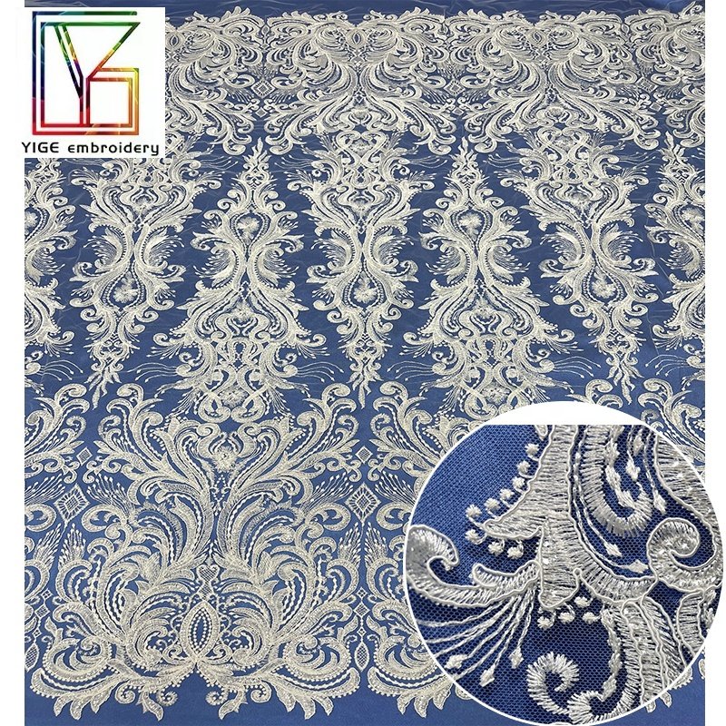 2022New collection Luxury Tulle 3D flower sequins embroidery chantilly lace women party white Wedding Rope Embroidery Fabric