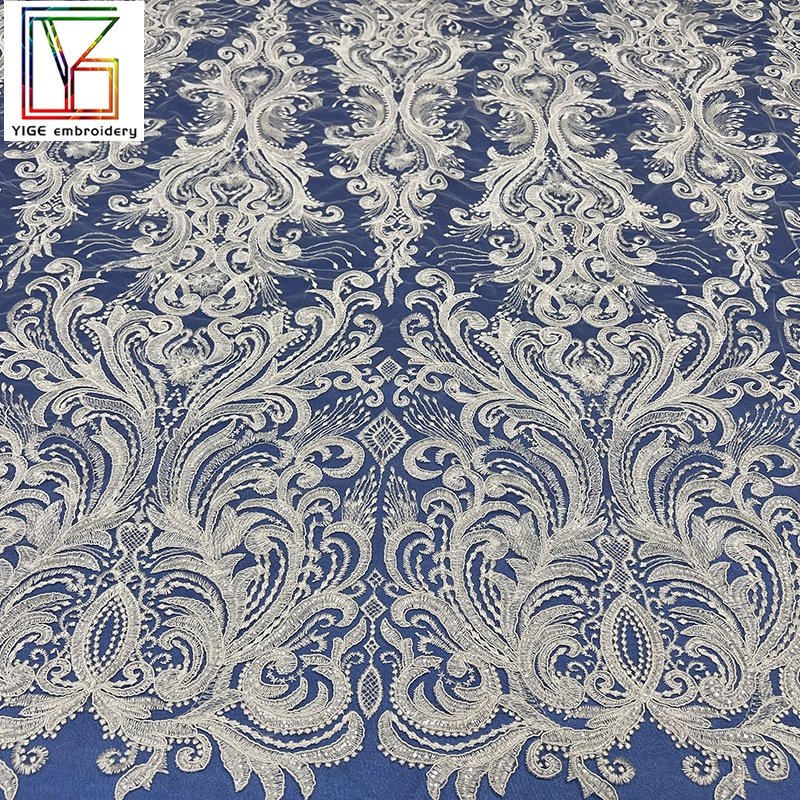 2022New collection Luxury Tulle 3D flower sequins embroidery chantilly lace women party white Wedding Rope Embroidery Fabric