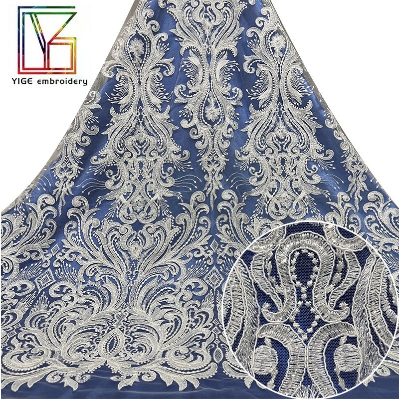 2022New collection Luxury Tulle 3D flower sequins embroidery chantilly lace women party white Wedding Rope Embroidery Fabric