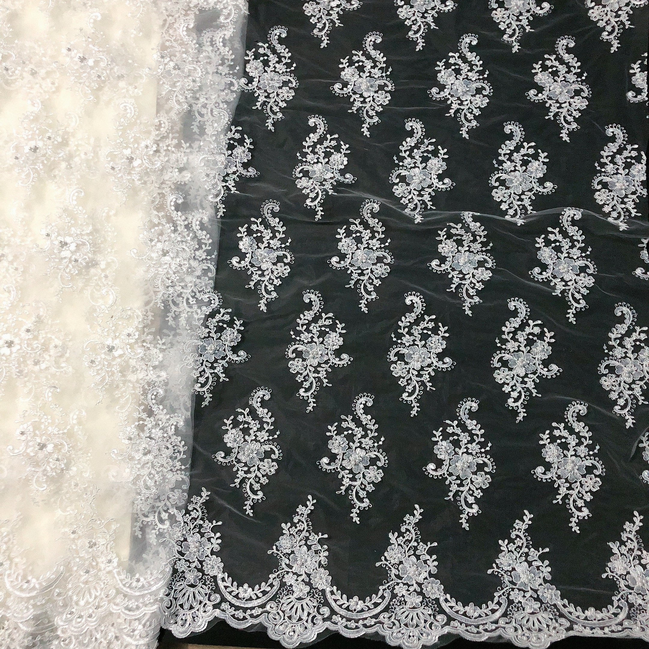 Handmade white wedding lace fabric 3d beaded embroidered by yards LT20730