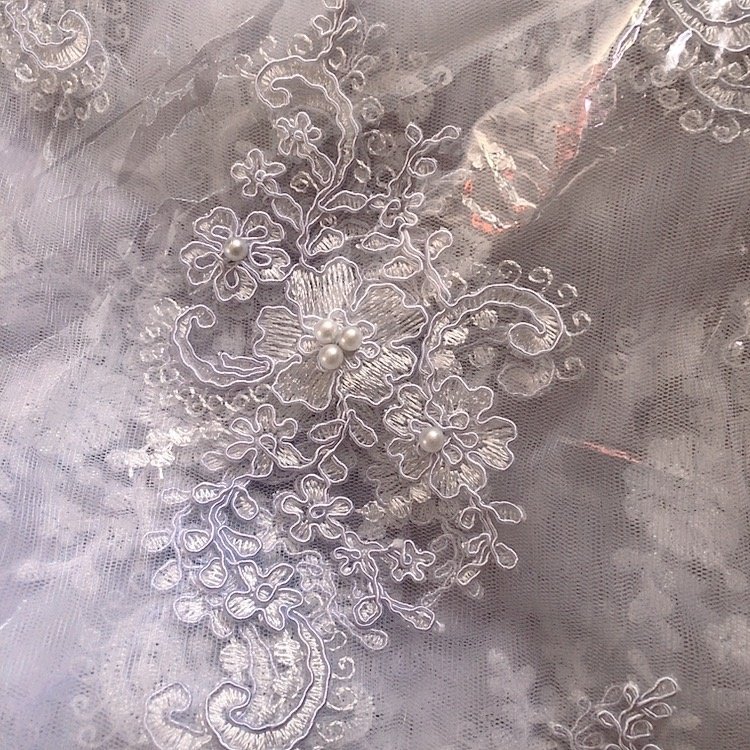 Handmade white wedding lace fabric 3d beaded embroidered by yards LT20730