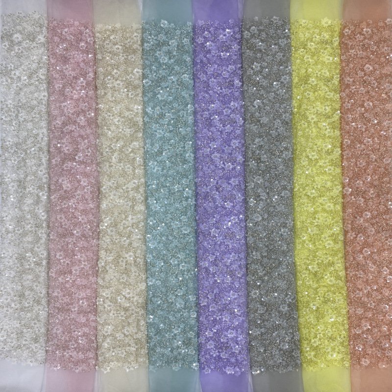 Width 130 cm Polyester Embroidered flowers Tulle mesh fabric gold Sequins beads fabric for women fashion wedding bridal dress