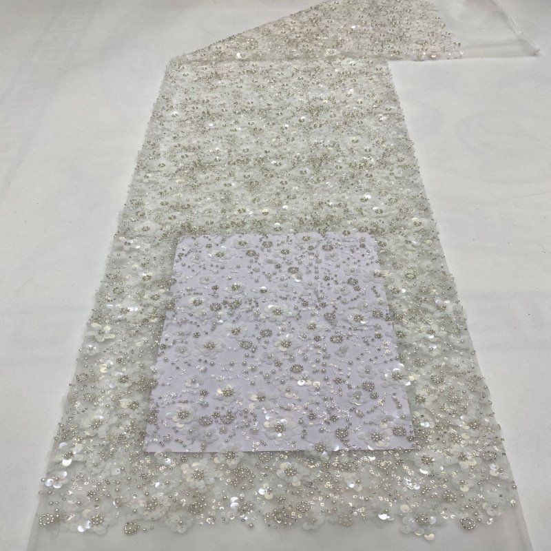 Width 130 cm Polyester Embroidered flowers Tulle mesh fabric gold Sequins beads fabric for women fashion wedding bridal dress