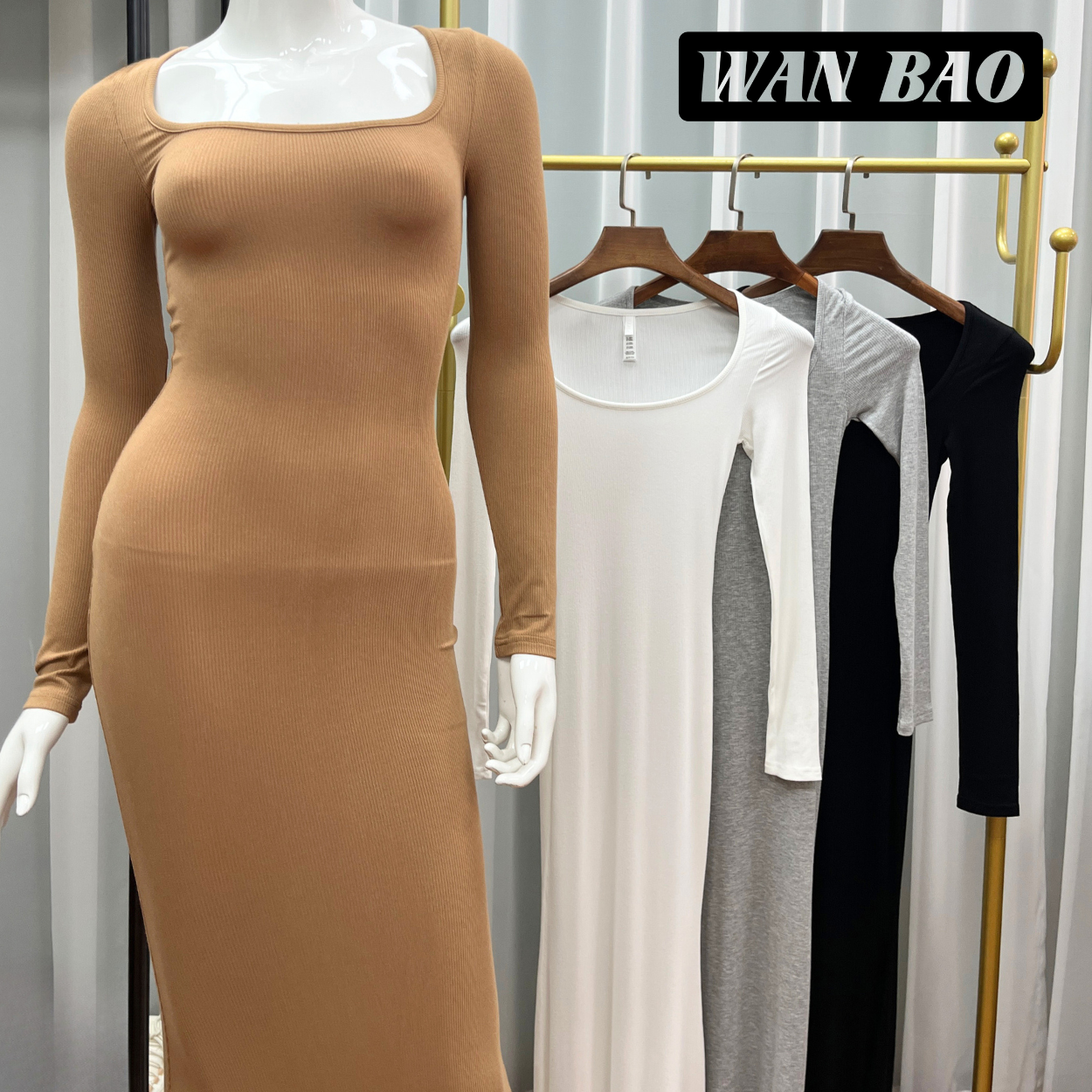 Wanbao DR-3004 Custom Luxury Maxi Casual Bodycon Dress for Women Elegant Sexy Elegant Knit Cotton Long Sleeve Solid Pattern