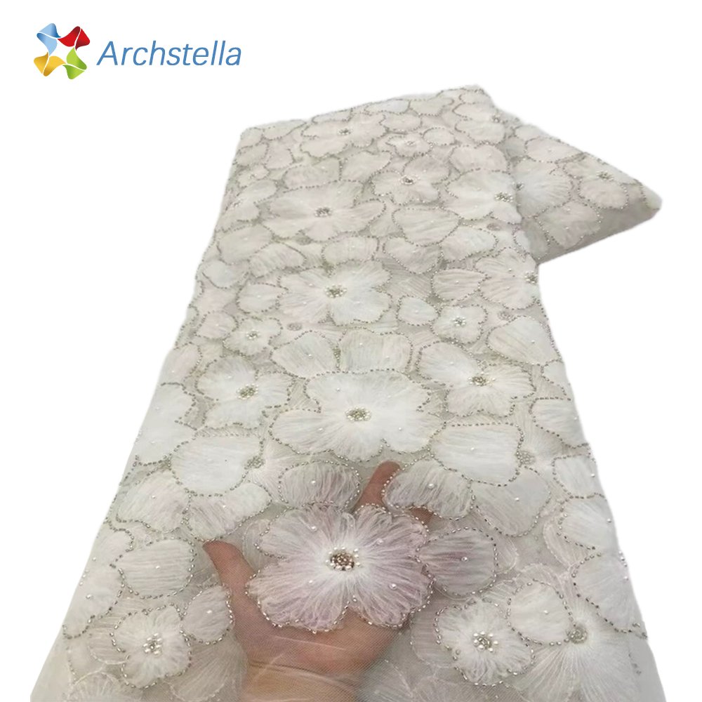 TikTok Hot-Selling Heavy Beaded Lace Fabric Embroidery Flower Beads With Pearl Lace Fabric Bridal Dress For Wedding Party