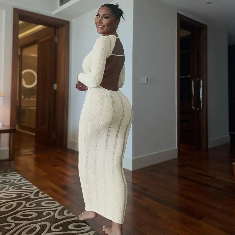 Knitting Ribbed Solid O Neck Backless Elegant Maxi Tube Long Sleeve Women Dress