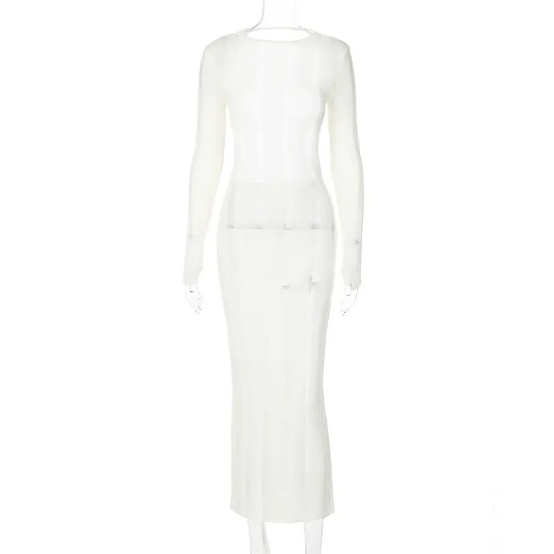 Knitting Ribbed Solid O Neck Backless Elegant Maxi Tube Long Sleeve Women Dress
