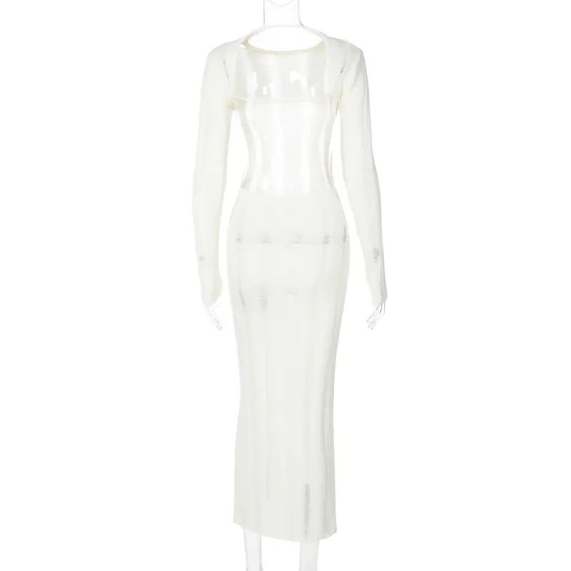 Knitting Ribbed Solid O Neck Backless Elegant Maxi Tube Long Sleeve Women Dress