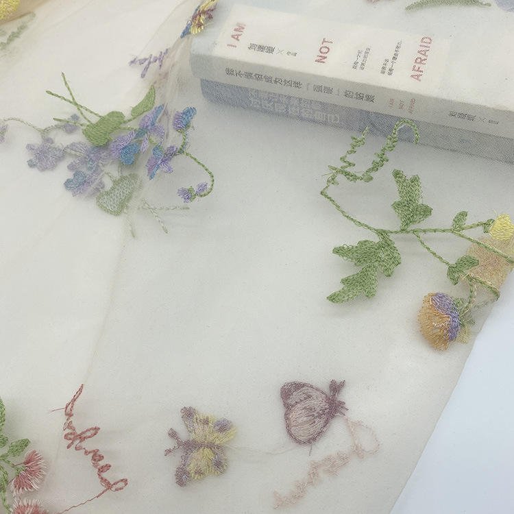 2025 new flat embroidery organ mesh multicolor embroidery fairy dress organza fabric