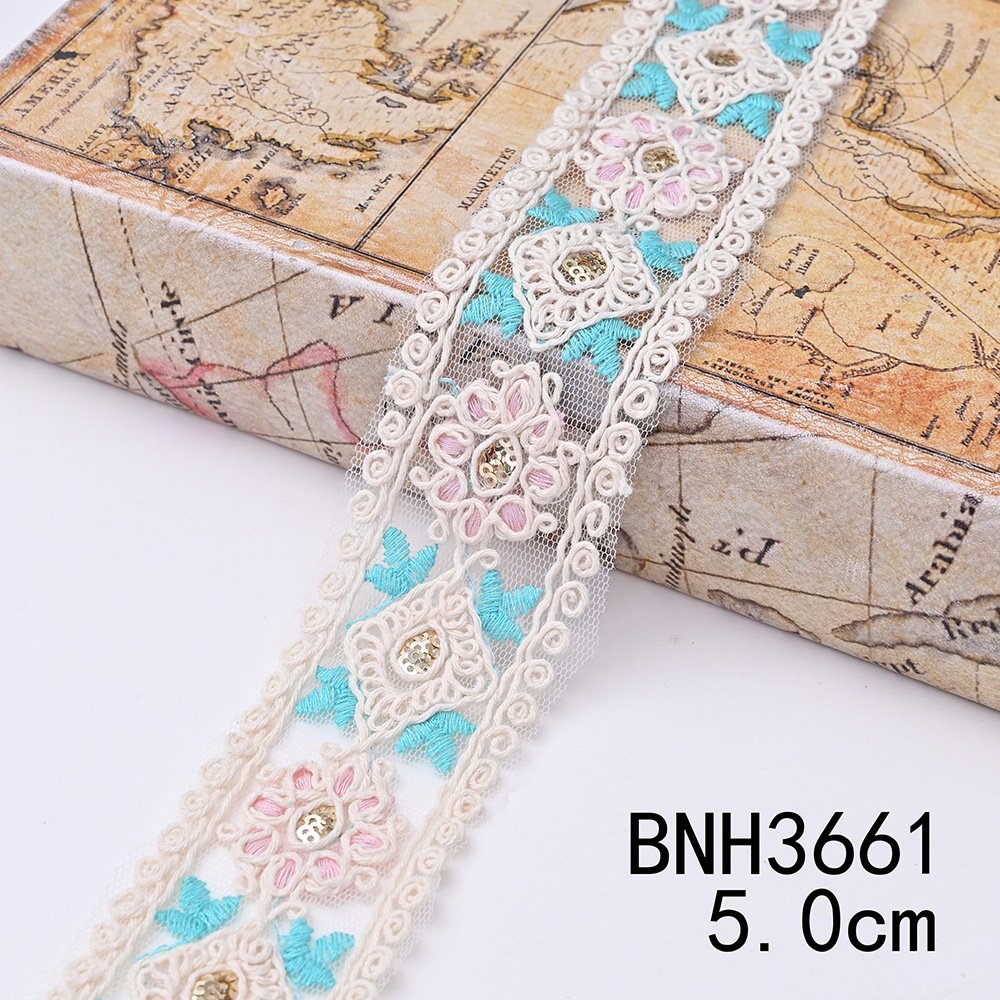 Width 3-5 cm ethnic sequins corded lace Ribbon handmade embroidered colorful curtain lace trim for clothing decoration