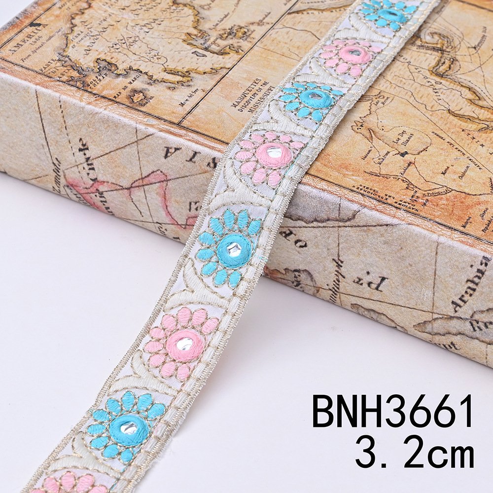 Width 3-5 cm ethnic sequins corded lace Ribbon handmade embroidered colorful curtain lace trim for clothing decoration