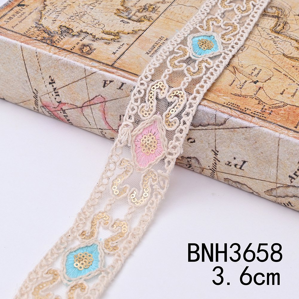 Width 3-5 cm ethnic sequins corded lace Ribbon handmade embroidered colorful curtain lace trim for clothing decoration