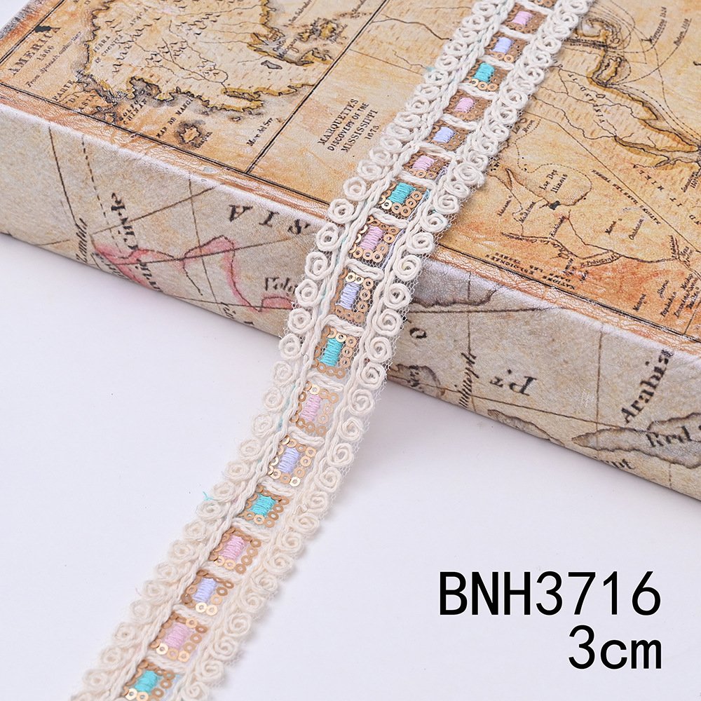 Width 3-5 cm ethnic sequins corded lace Ribbon handmade embroidered colorful curtain lace trim for clothing decoration