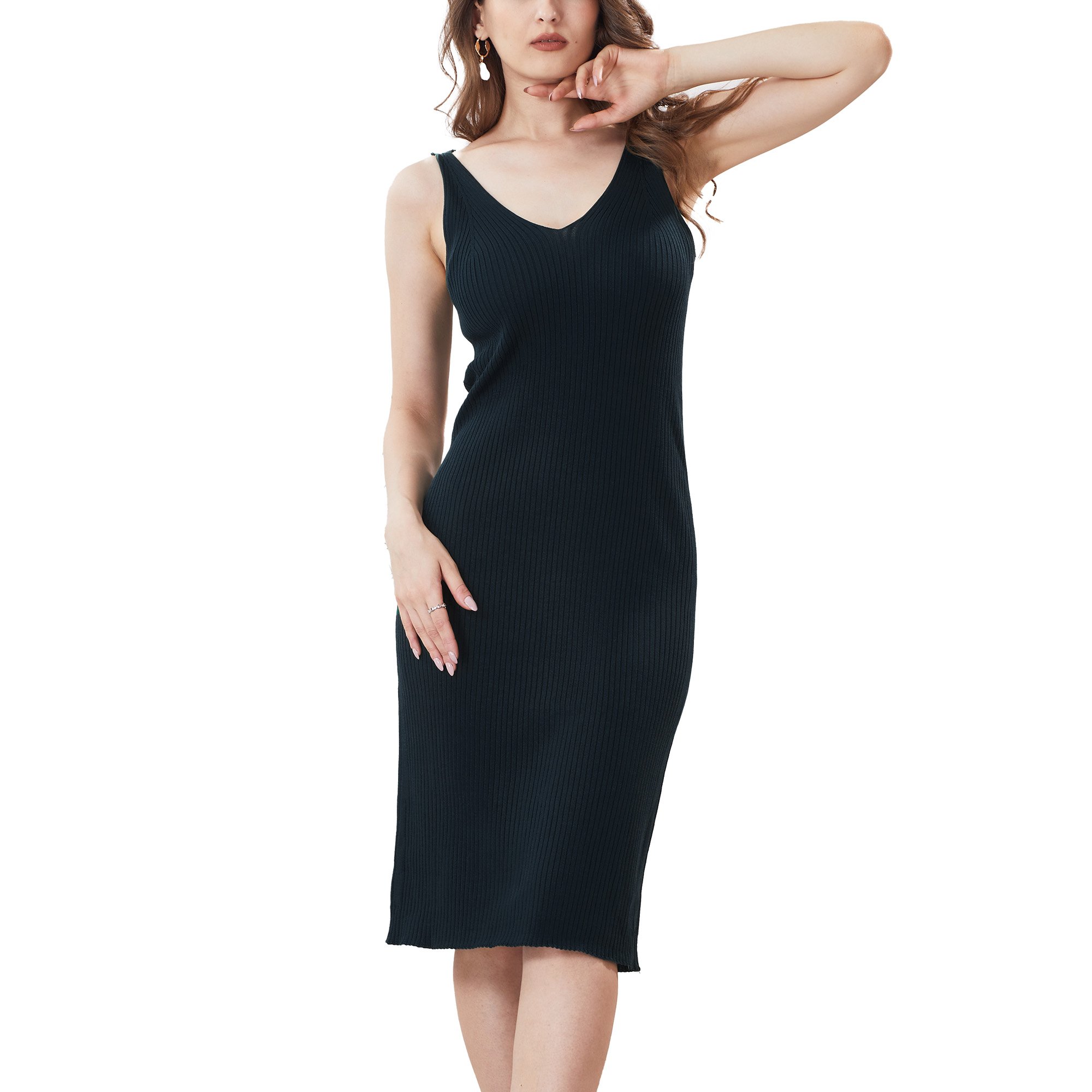 2024 women dresses wholesale knitted women casual deep V neck sweater dress casual long knit women's dresses