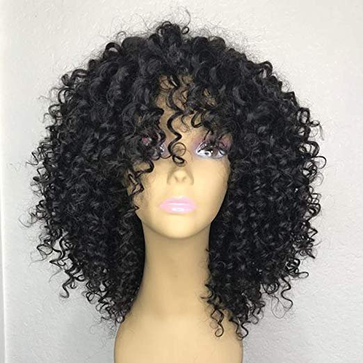 Short kinky Curly Natural Virgin Brazilian afro Curly 130% density Human Hair Lace Front Wigs bang fringe