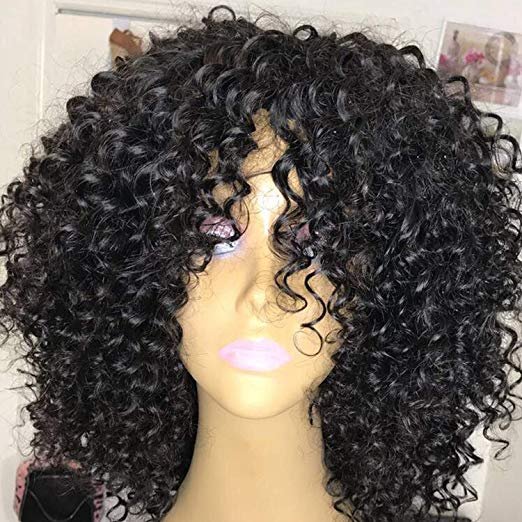 Short kinky Curly Natural Virgin Brazilian afro Curly 130% density Human Hair Lace Front Wigs bang fringe