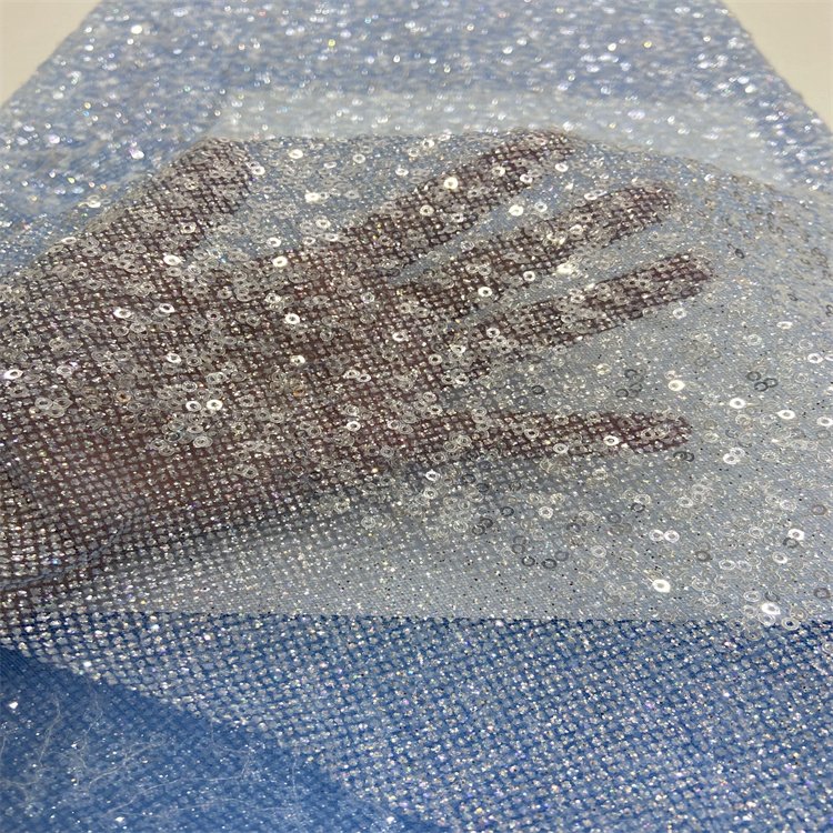 Double glitter sided full crystal sequin embroidery light blue light green white sequin wedding bridal lace fabric
