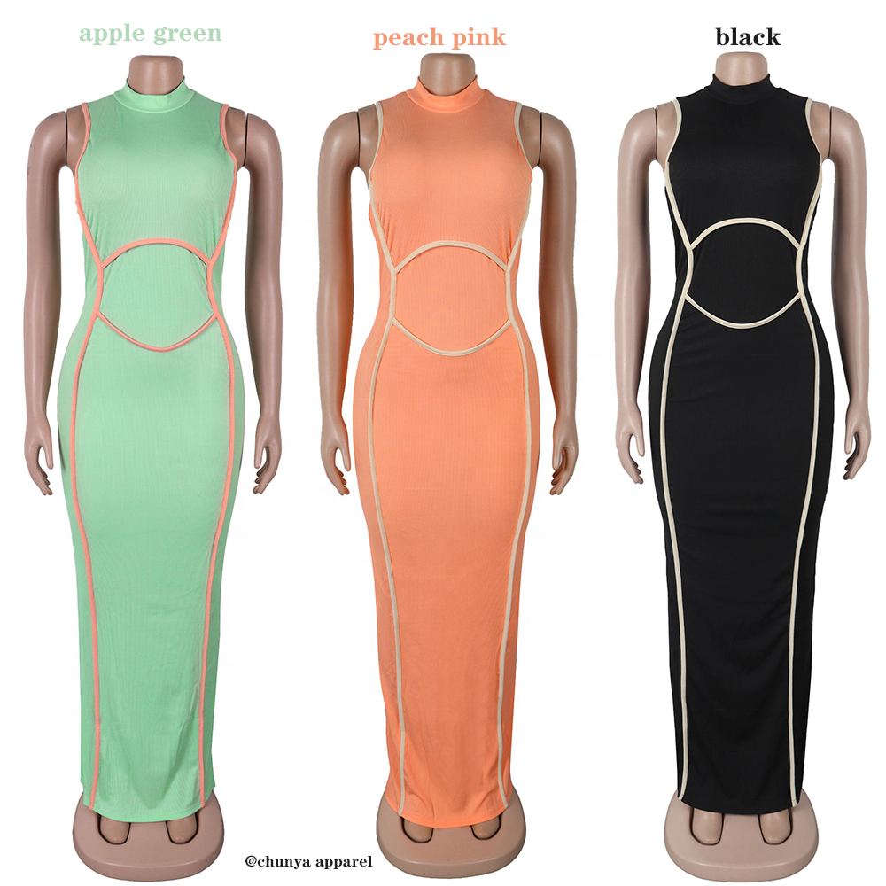 C7445 New high quality slim dress sleeveless stretchy bodycon casual dress ribbed 2024 woman clothing