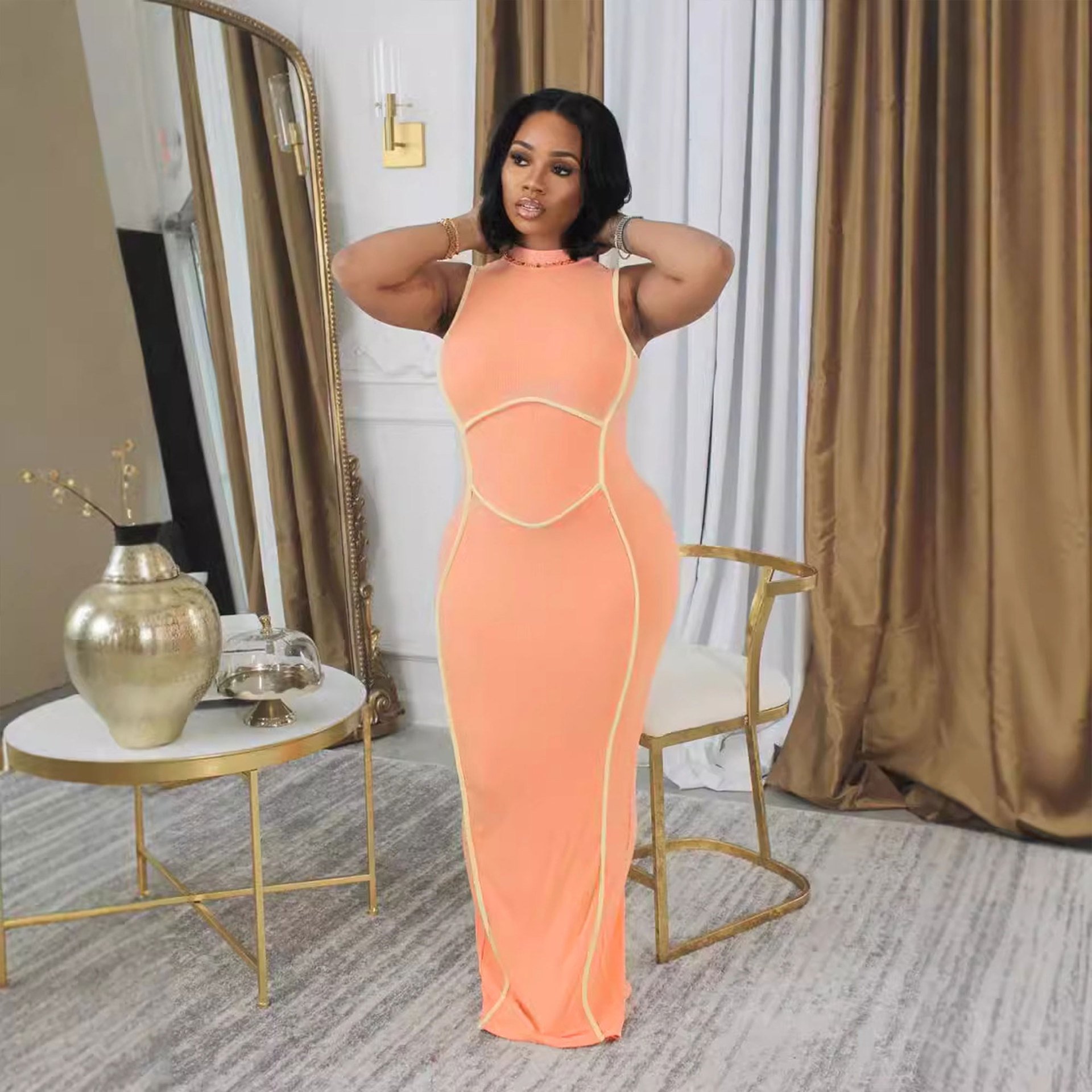 C7445 New high quality slim dress sleeveless stretchy bodycon casual dress ribbed 2024 woman clothing