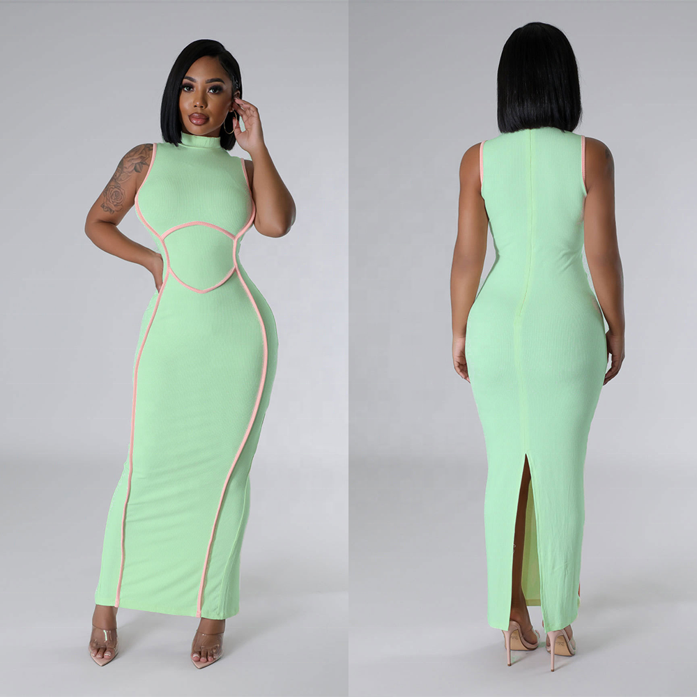 C7445 New high quality slim dress sleeveless stretchy bodycon casual dress ribbed 2024 woman clothing